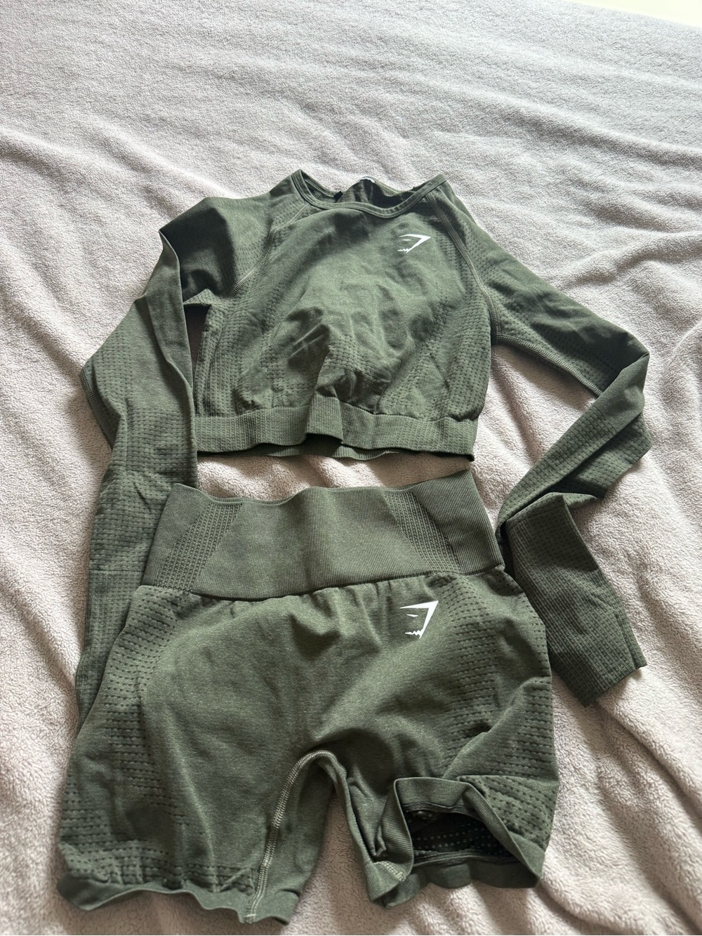 Gymshark Olive Seamless Long-Sleeve Crop Top & High-Waist Shorts